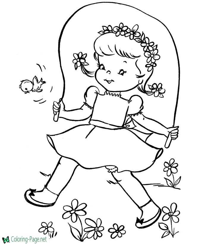Spring Coloring Pages Girls Skip rope