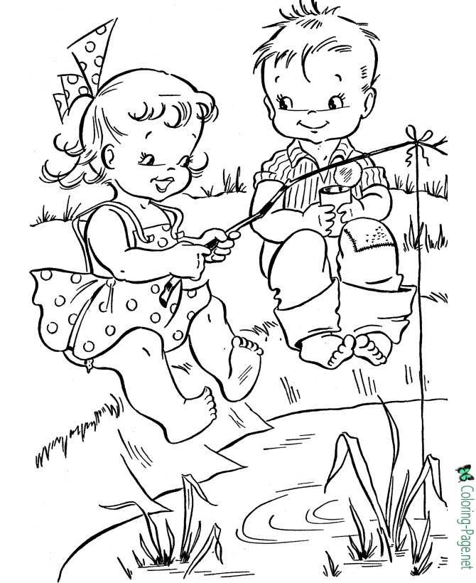 Summer Coloring Pages Girl and Boy Fish