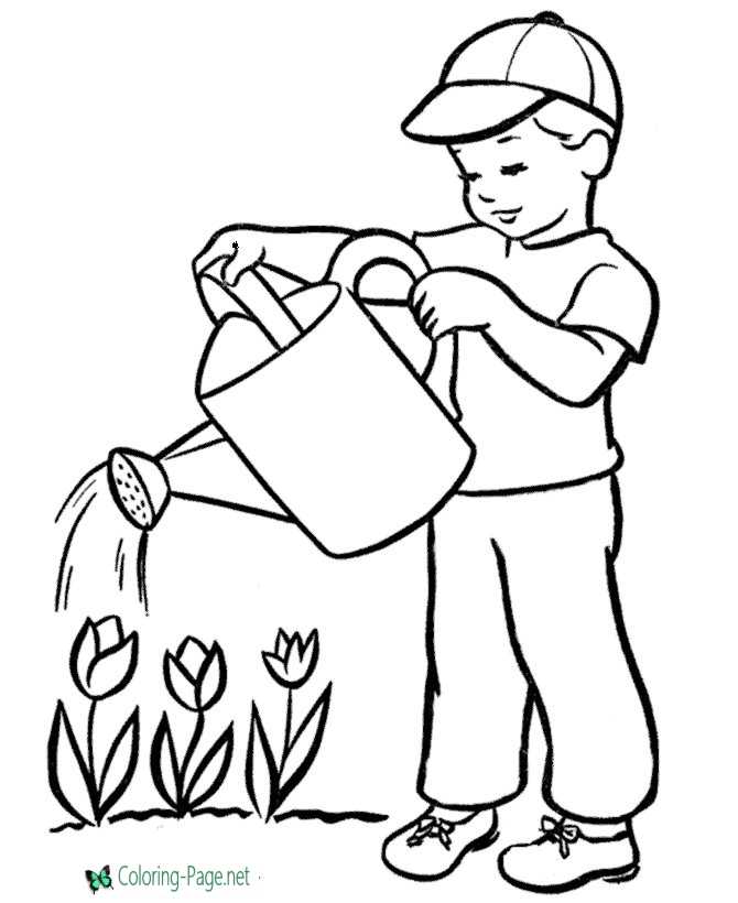 Summer Coloring Pages Boy watering Flowers