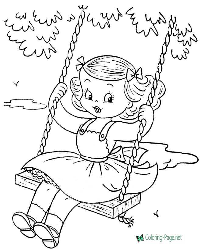 Summer Coloring Pages Girl on Swing