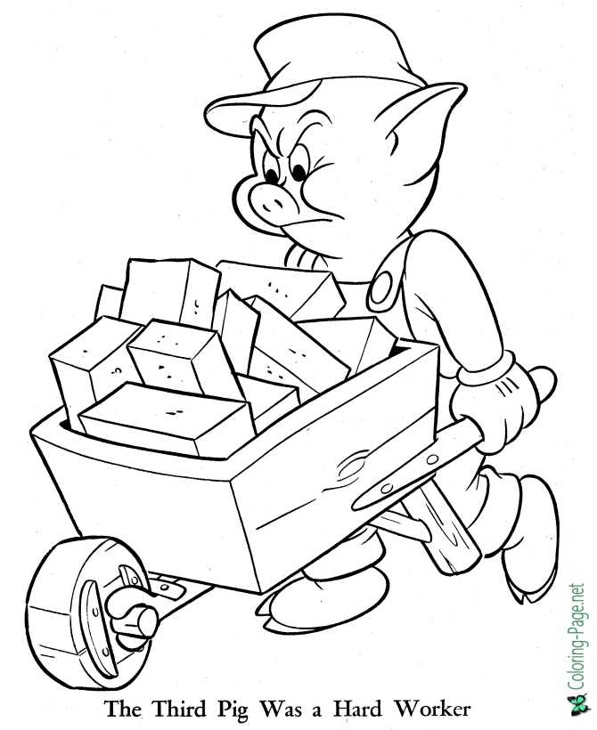 Third Pig Was Hard Worker - Three Little Pigs coloring page