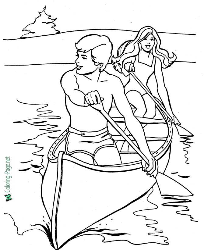 Boy and Girl Paddling Canoe - vacation coloring page for girls