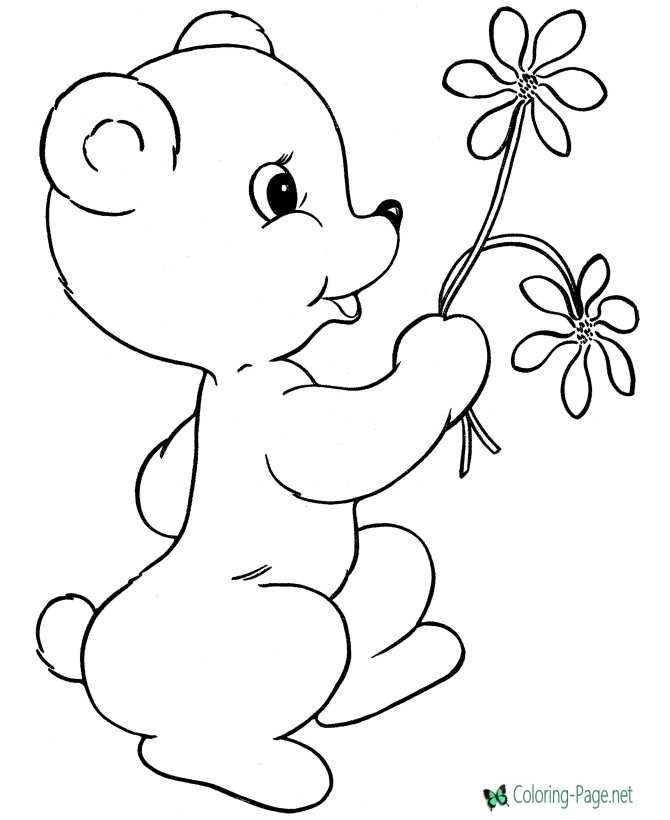 Bear with Valentine Flower Coloring Page