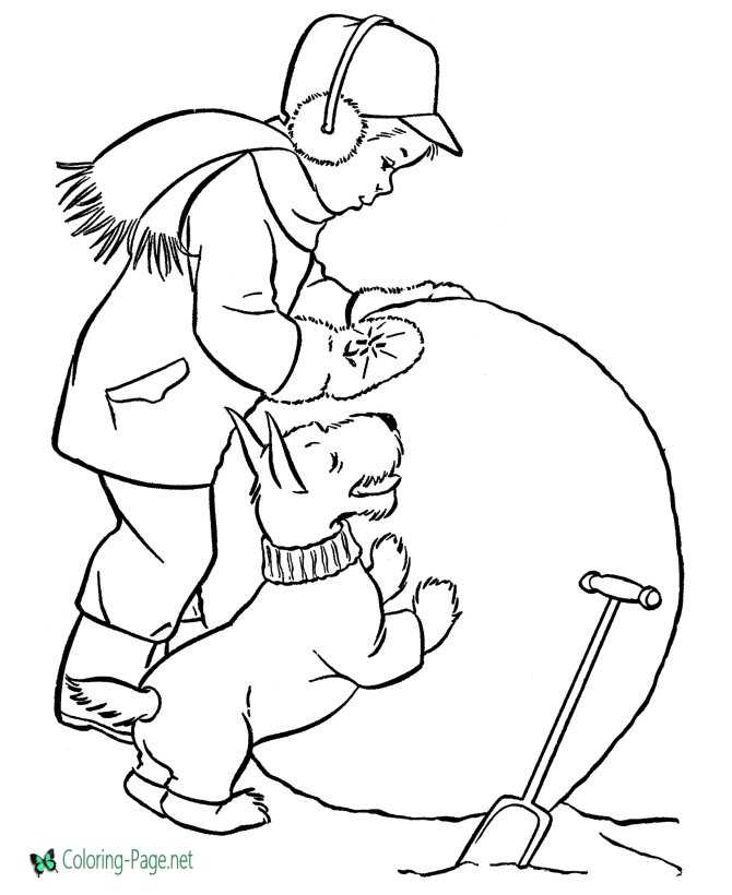 Winter Coloring Pages Dog makes Snowman